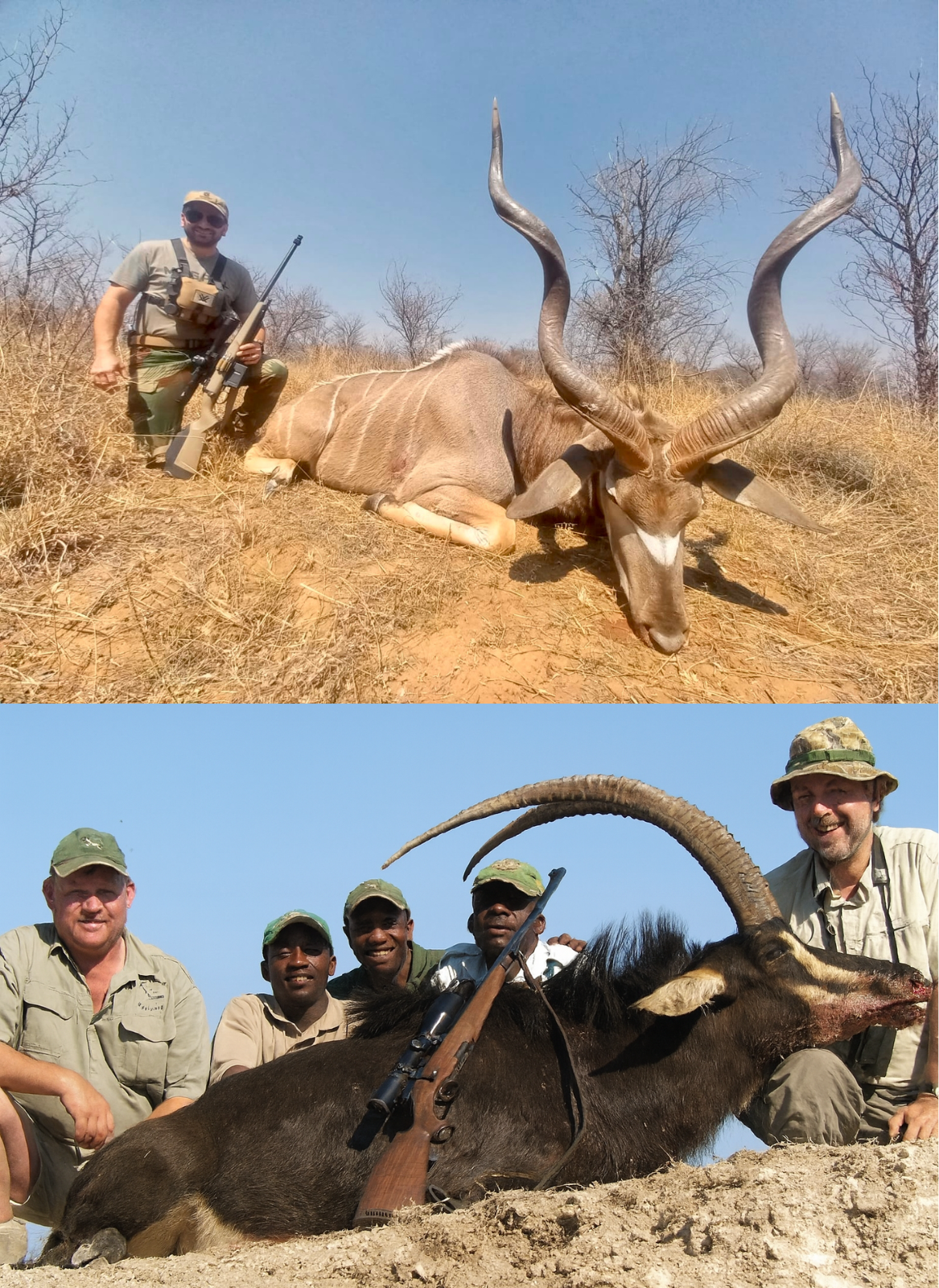 Hunters posing with a kudu and sable antelope during a guided South Africa safari hunt with Mediate Expeditions, showcasing both iconic trophies.